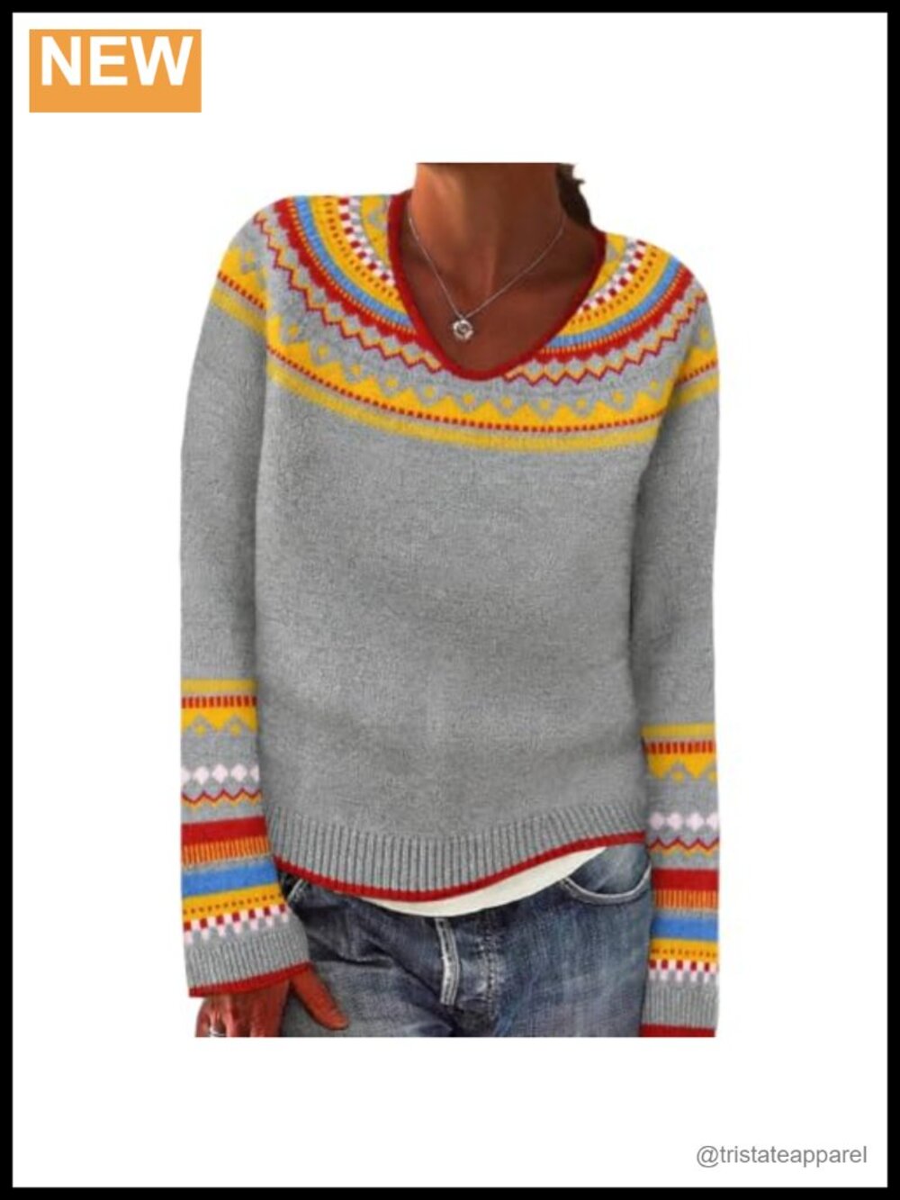 Fair Isle Knit Sweater Long Sleeve V-Neck Pullover Loose Fit